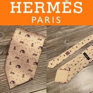 Hermes mens design silk slim tie Dog Doghouse Bone pattern